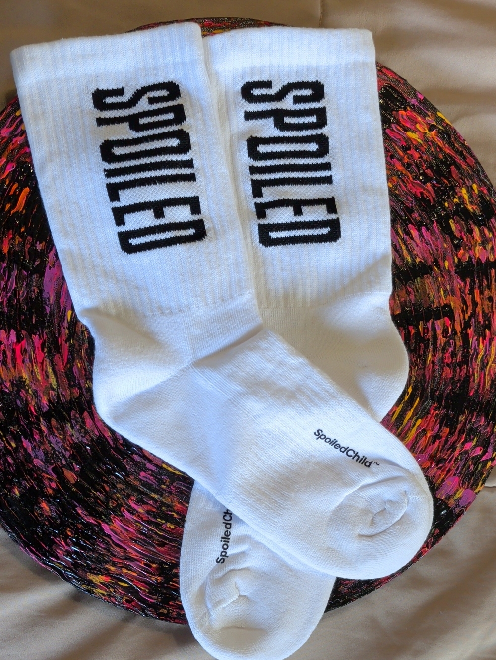 Spoiled Child White Crew Socks with Black Logo